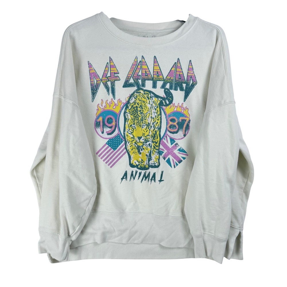 Def Leppard Graphic Sweatshirt Womens XL Cream Animal 1987 Rock Retro Oversized